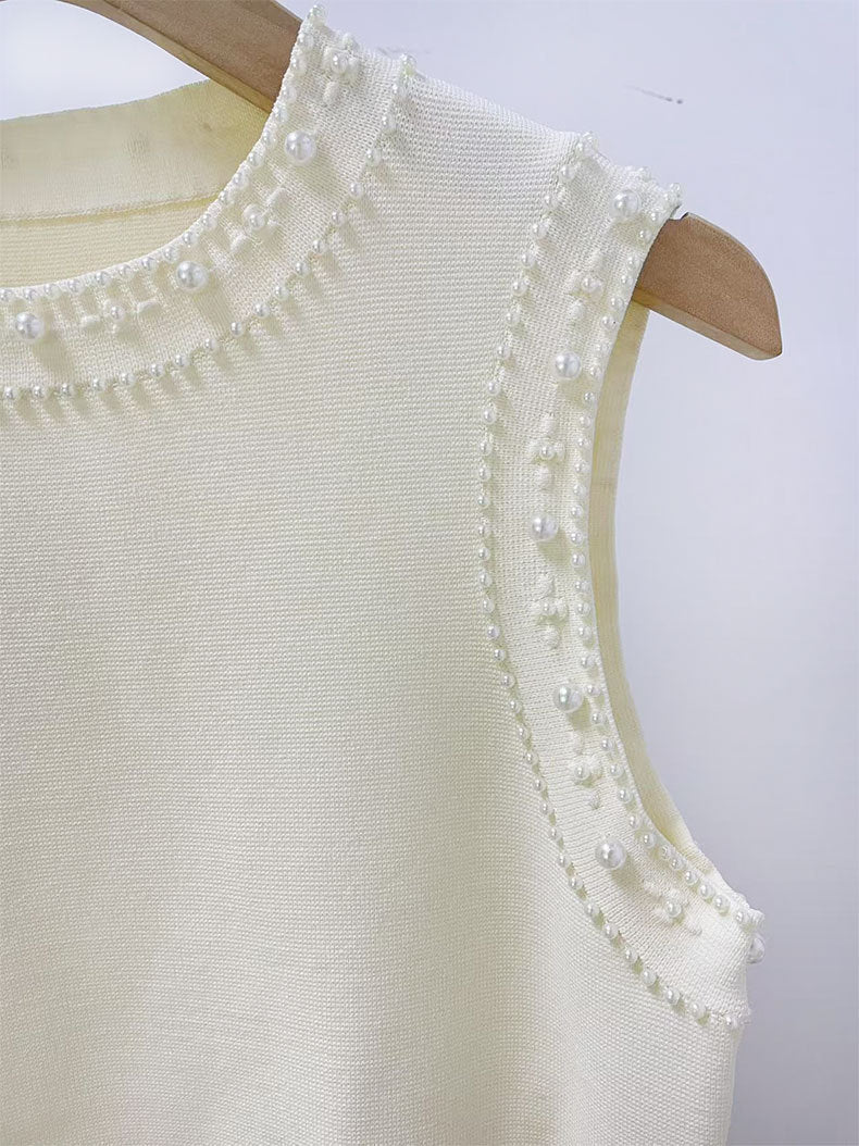 Pearl trimmed knit jacket + sleeveless long dress