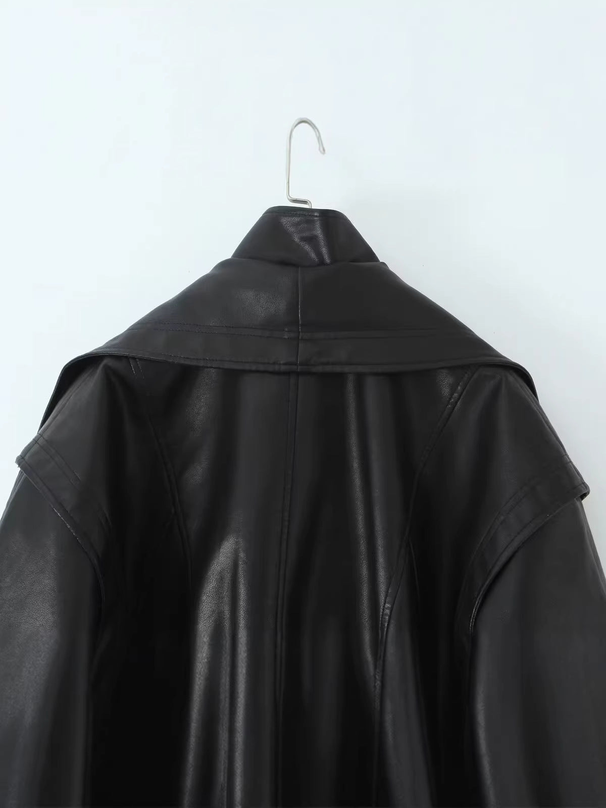 Double-Collar Elastic Waist  Leather  Coat