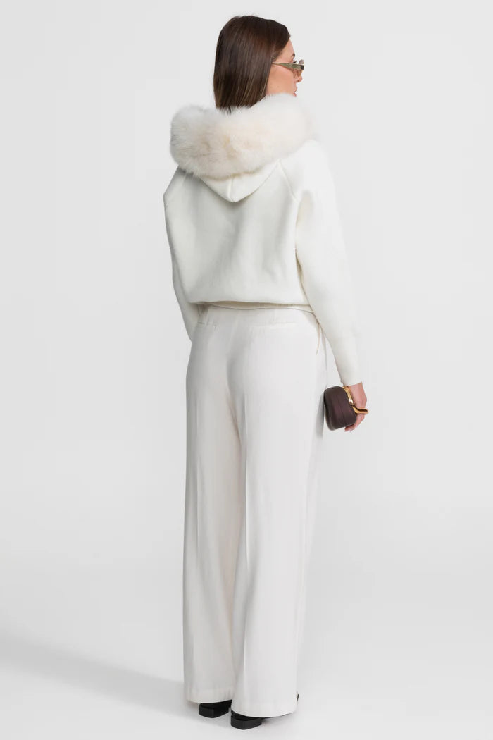 Zip-Up Wool Hoodie With Fox Fur Collar – White
