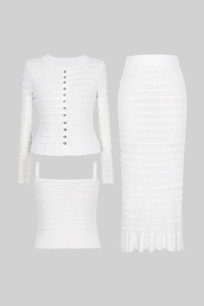 Textured Knit 3 Piece Set With Blazer, Top and Midi Skirt - White