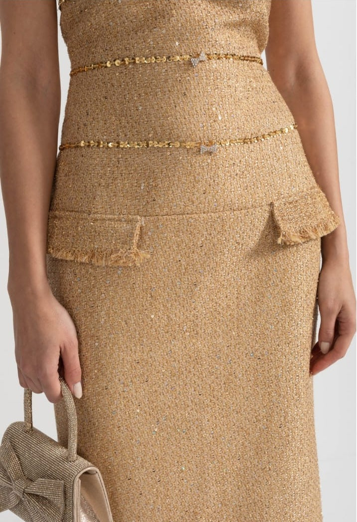 Strapless Textured Dress With Sequin Decorative Trim And Sparkling Ribbon Appliques - Gold