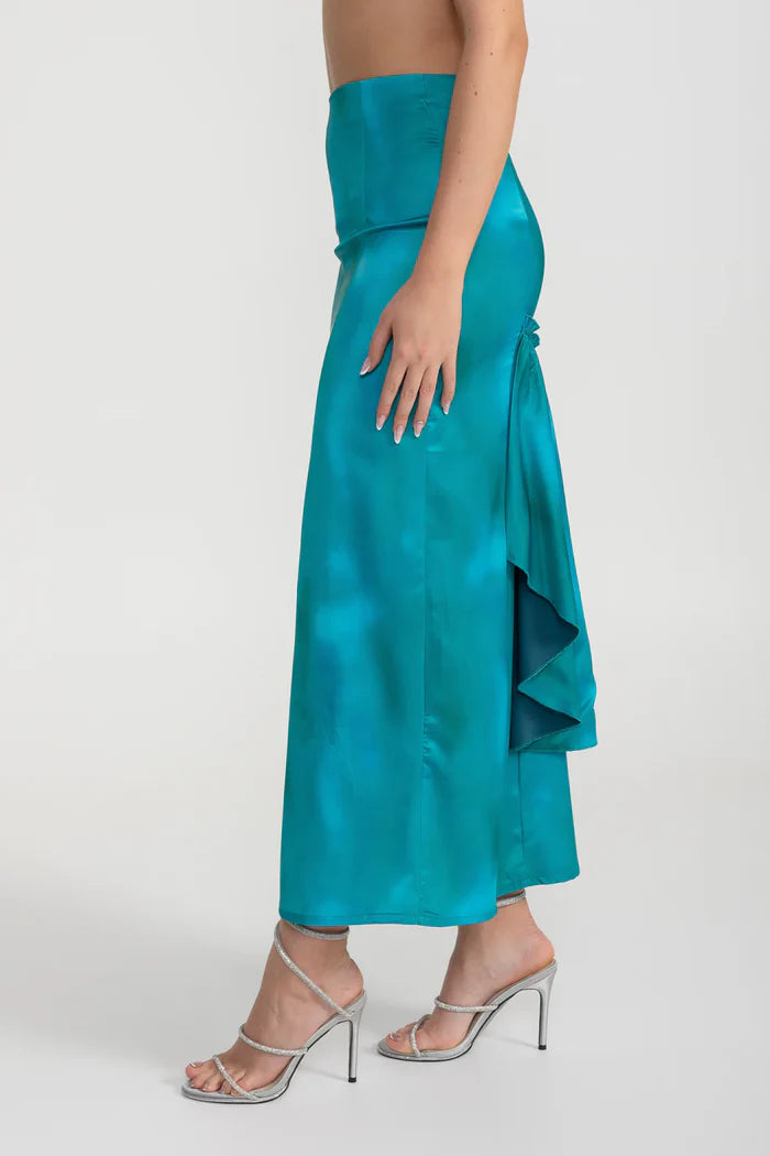 Elegant Satin Set With Corset-Style Bodice And Midi Skirt - Teal