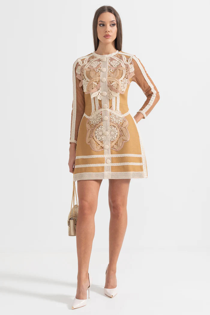 Silhouette Dress With Layered Lace Details - Brown/Beige