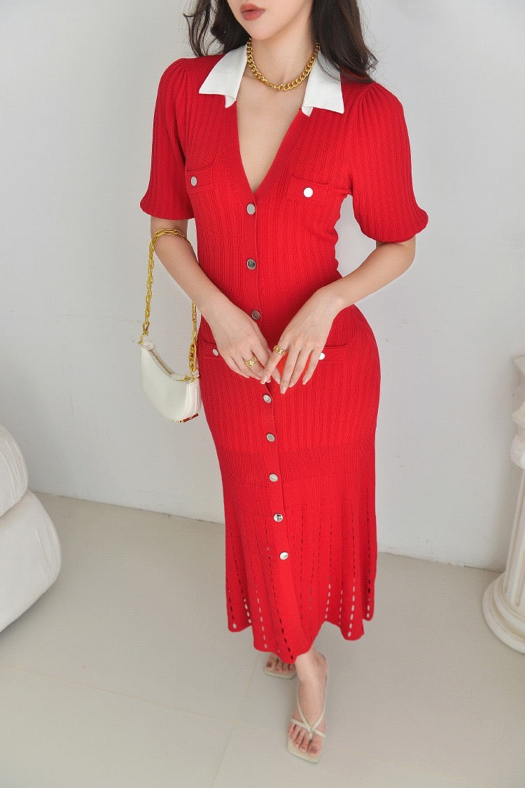 Palma Collared Knit Button Down-Red Palma Collared Knit Button Down-Red