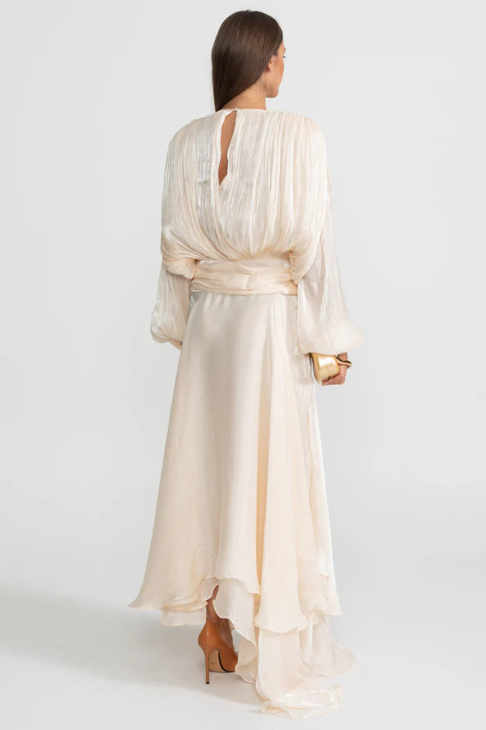 Maxi Dress with Pleated Bodice and Draped Skirt - Ivoire