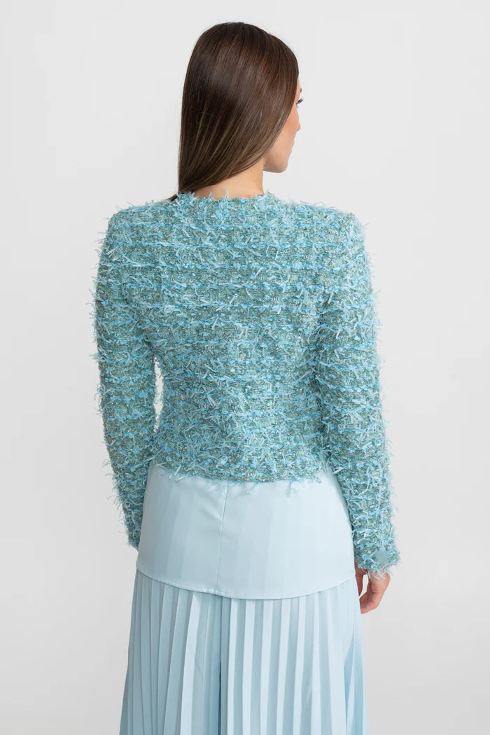Textured Tweed Jacket With Gold Button Embellishments – Blue
