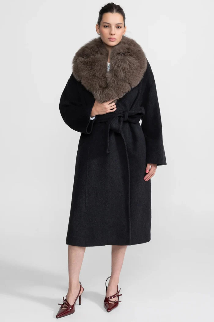 Wool Wrap Coat with Fox Fur Collar And Tie Belt – Black/Brown