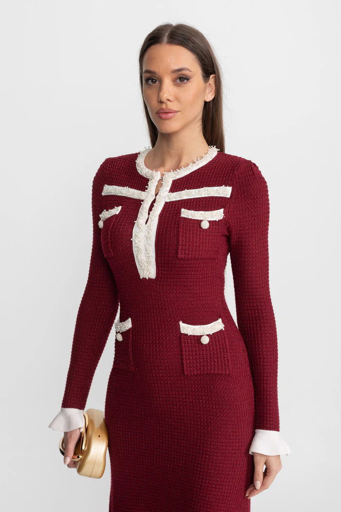 Textured Midi Dress with Contrast Embroidered Trim – Burgundy