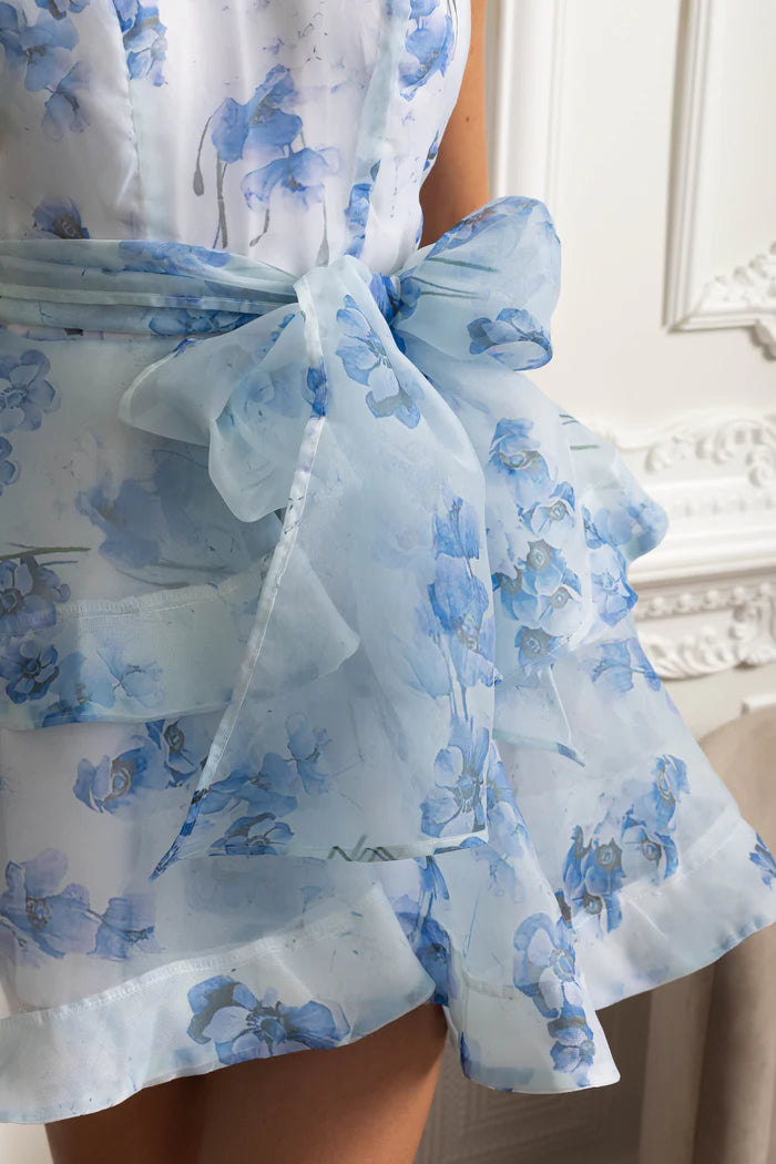 Floral Halterneck Ruffle Mini Dress - Blue