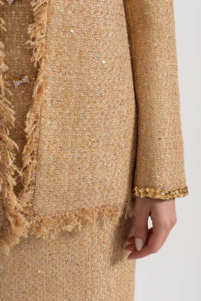 Textured Tweed Overcoat With Intricate Sequin Embellishments And Fringe Trim Accents - Gold