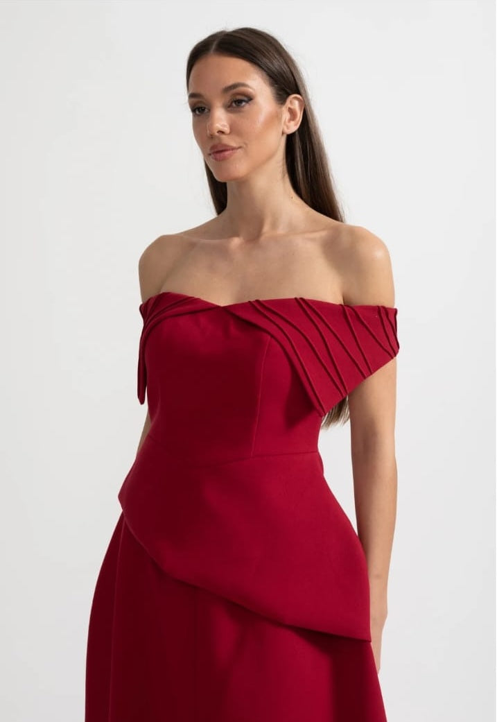 Off-Shoulder Set With Pleated Detail Top And Midi Skirt With Front Slit Accent - Red