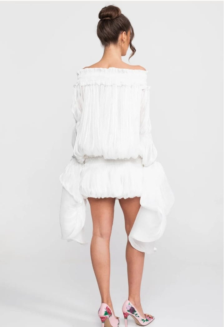 Off Shoulder Mini Dress with Ruffles and Draped Sleeves - White