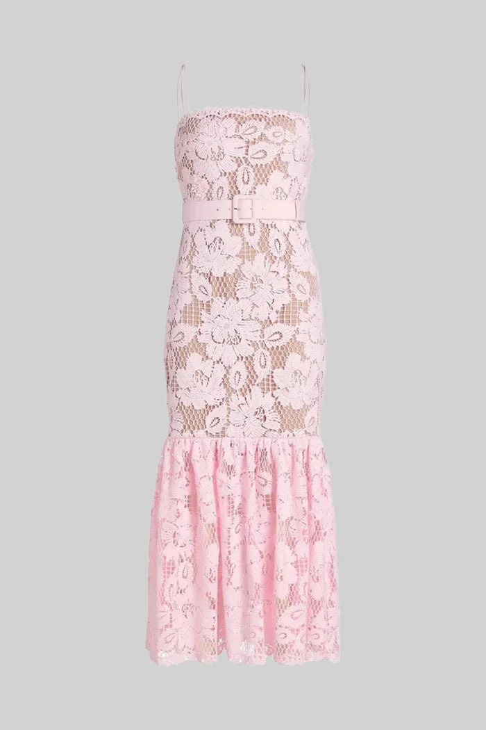 Lace Midi Dress With Belted Waist And Flounce Hem - Pink
