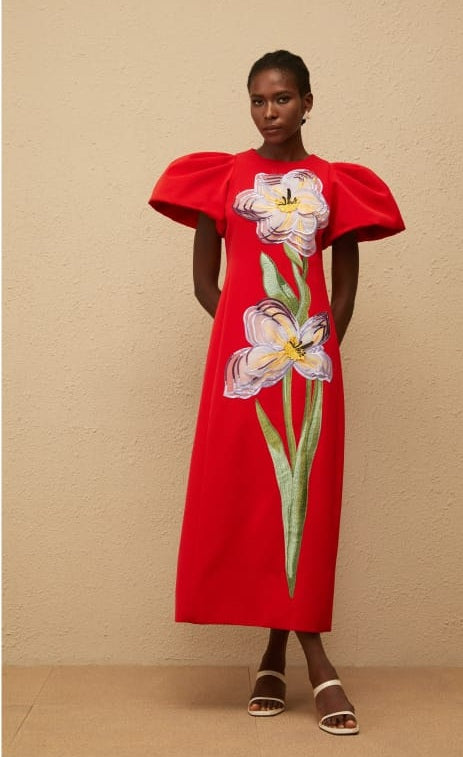 Irène Red Sequined Floral Embroidered Midi Dress