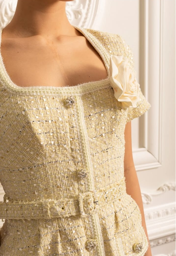 Textured Mini Dress With Matching Waistbelt And Floral Brooch - Beige