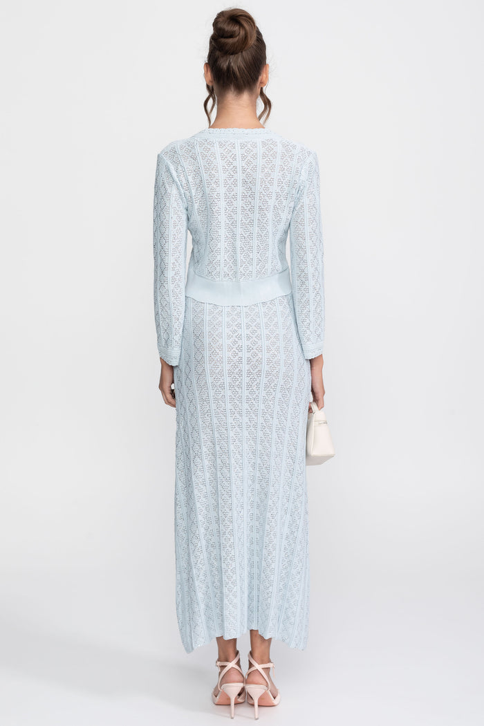 Eyelet Knit Co-Ord Set With Cardigan And Maxi Skirt - Light Blue