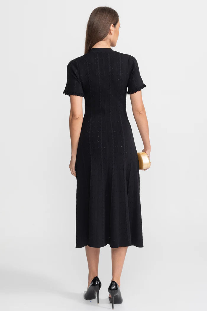 Knit Button-Front Midi Dress with Scalloped Sleeves – Black