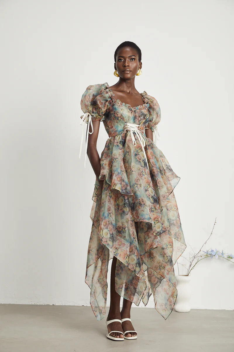 Victoire floral-print lace-up midi dress