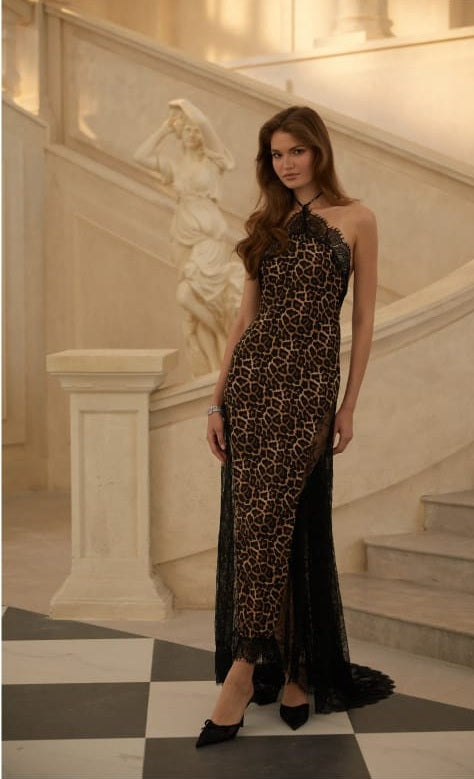 Alizée Brown Lace Panel Leopard Print Maxi Dress