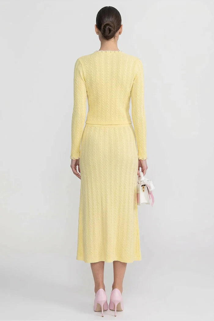 Ribbed Knit Dress and Cardigan Set With Pearl Button Detailing - Yellow