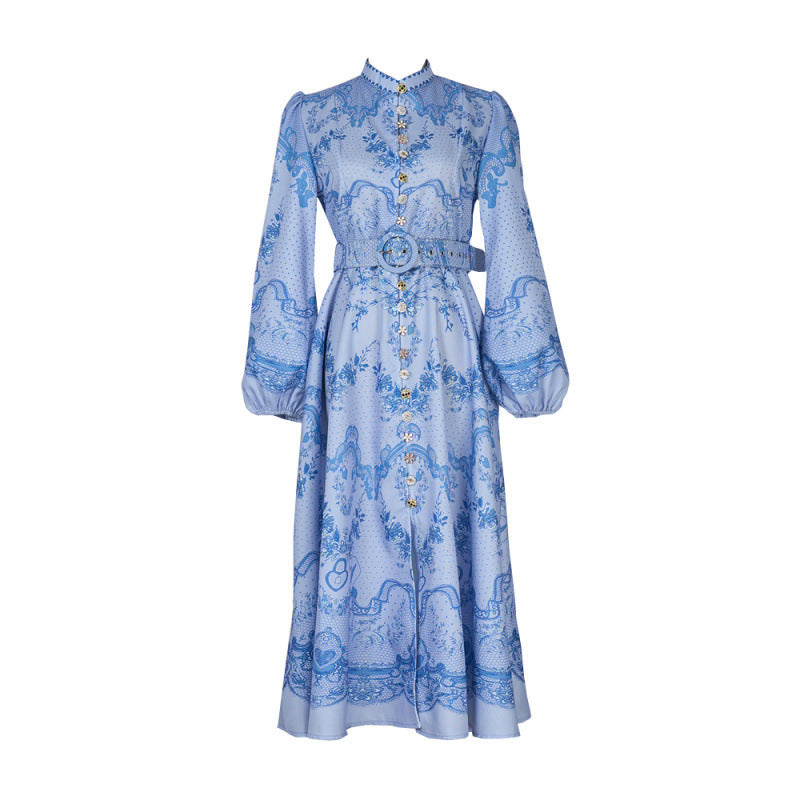 half-high neck balloon sleeve long dress