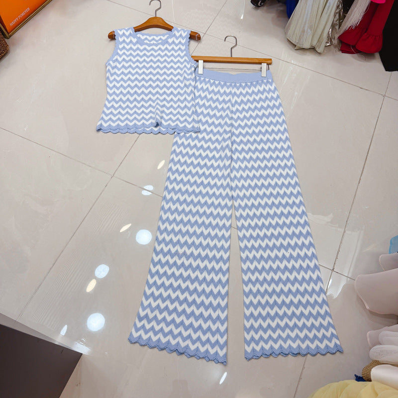 Hollow-Out Sleeveless Knitted Vest Top + High-Waisted Long Pants Set