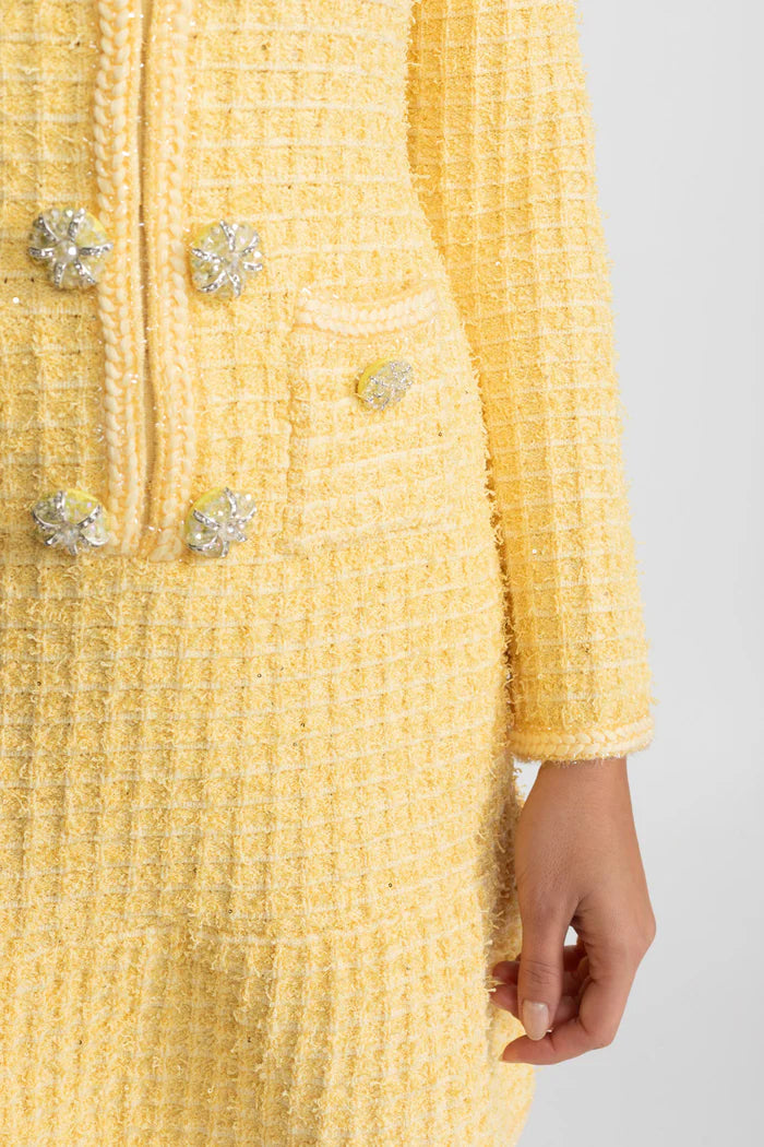 Embellished Tweed Mini Dress With Jewel Buttons – Yellow