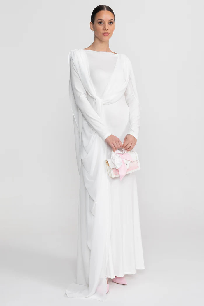 Draped Long Sleeve Maxi Dress With Cape Overlay With Knot Front Detail - White
