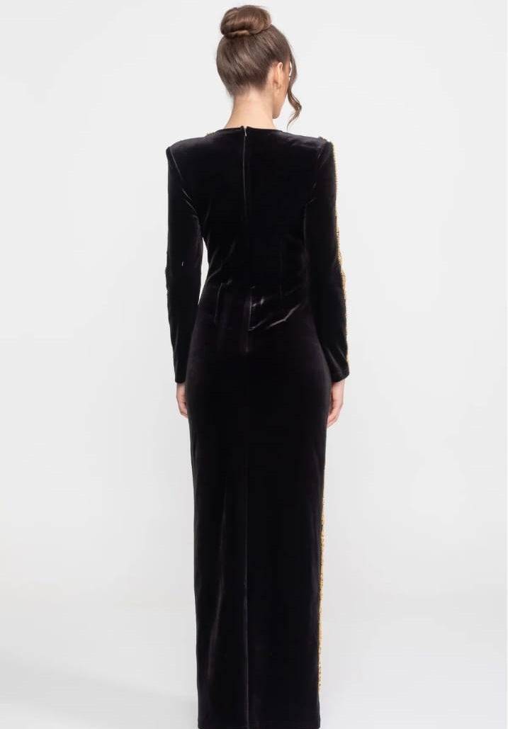 Velvet Maxi Dress With Gold Sequin Trim And Crystal Brooch Detail - Black