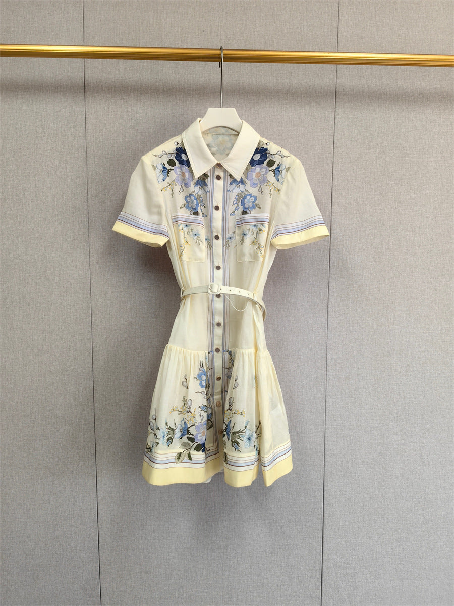 Retro Lapel Floral Belted Waist Shirt Dress
