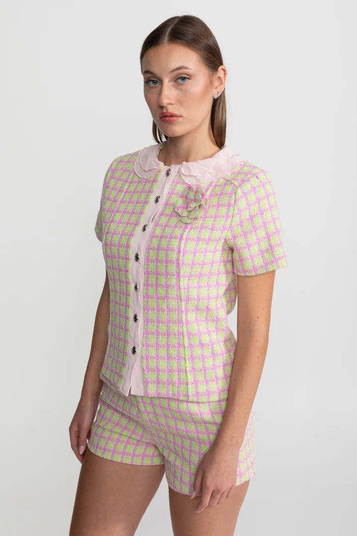 Pastel Tweed Co-ord Set With Satin Collar – Pink & Green