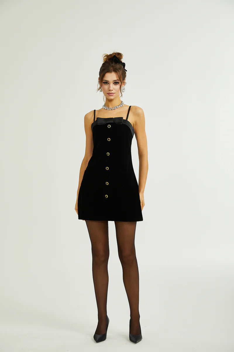 Réeva Bow Embellifhed Velvet Mini Robe