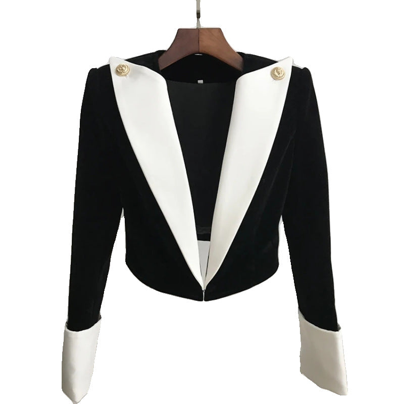 Color-Blocking Contrasting Slim Velvet Cropped Blazer