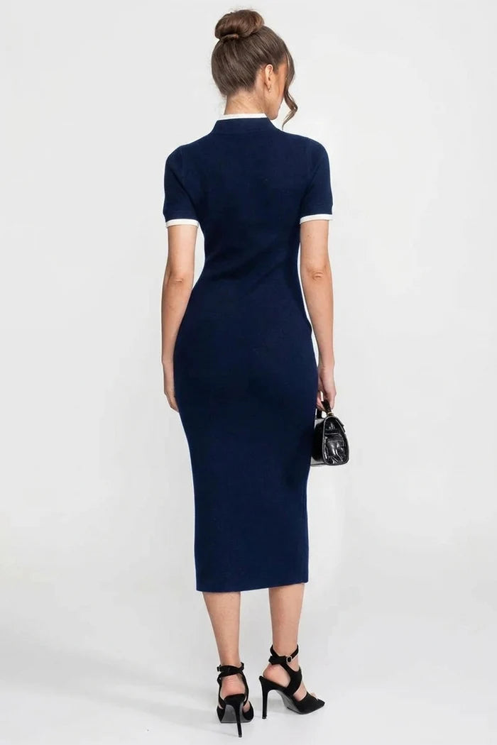 Ribbed Knit Midi Dress With Contrast Trim And Decorative Pockets - Navy