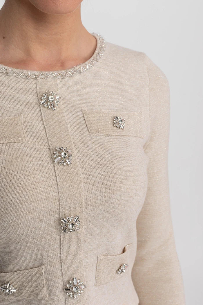Long Sleeve Knit Co-Ord Set With Sparkling Embellishments - Beige