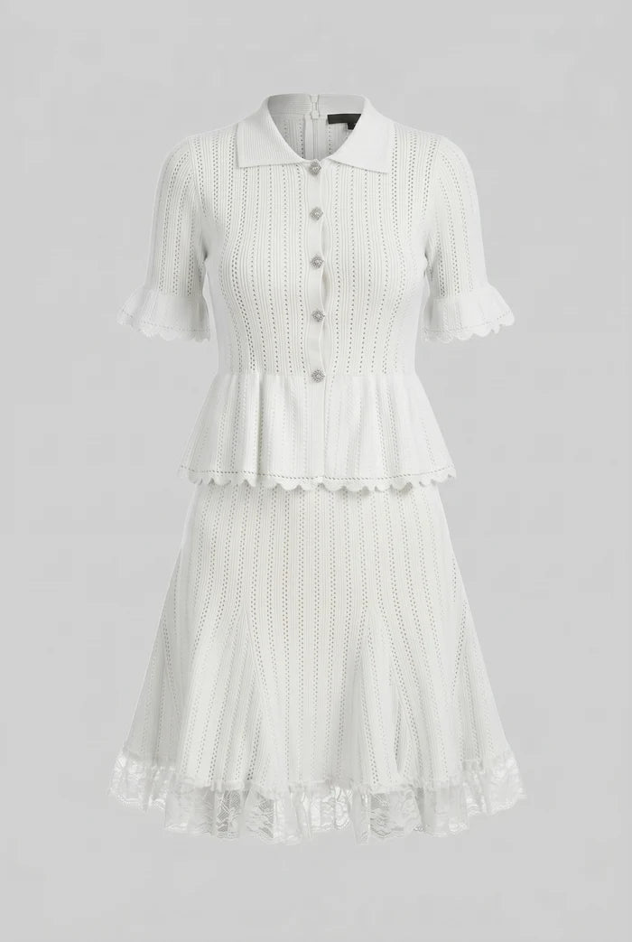 Peter-Pan Collar Knit Peplum Co-Ord set With Lace Hem - White