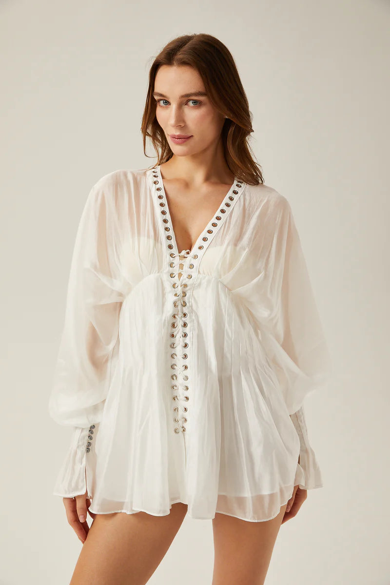 Yvonne en V-Neck Front-Tie Semi-Sheer Mini robe