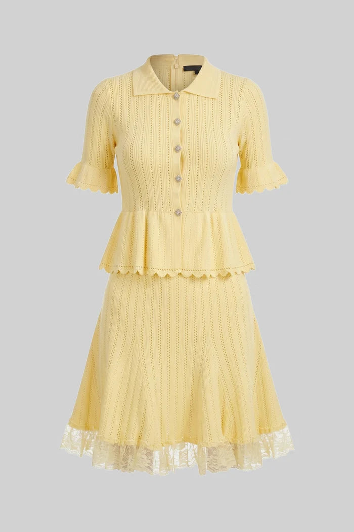 Peter-Pan Collar Knit Peplum Co-Ord set With Lace Hem - Yellow
