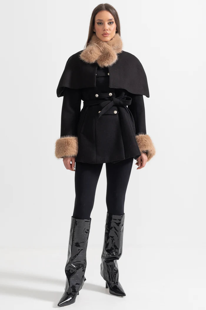 Double-Breasted Coat With Detachable Cape - Black