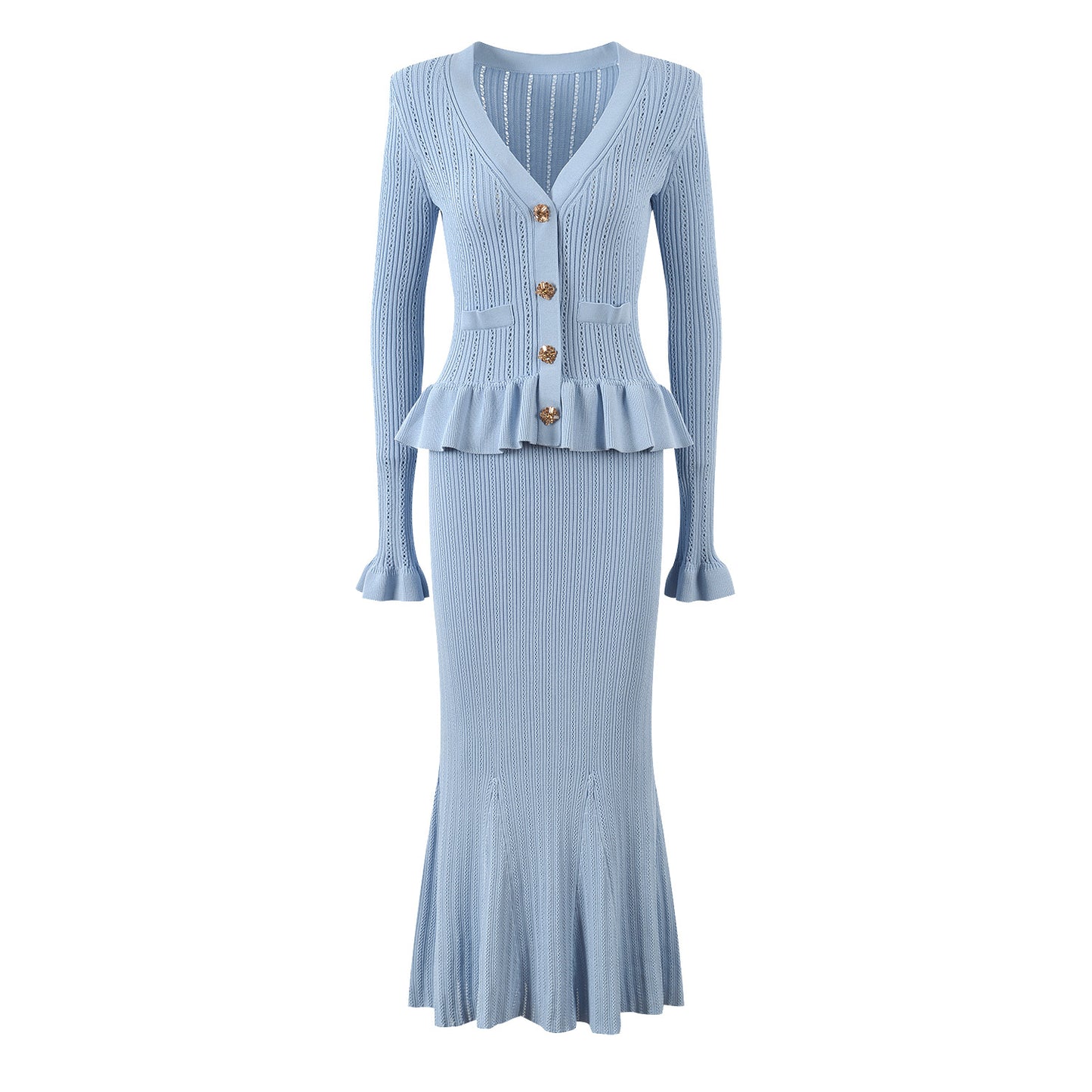 V-neck knitted ruffle panel slim midi fishtail dress