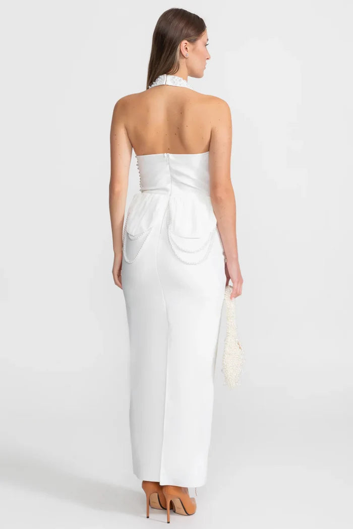 Embellished Halter Maxi Dress With Gathered Peplum Detail – White