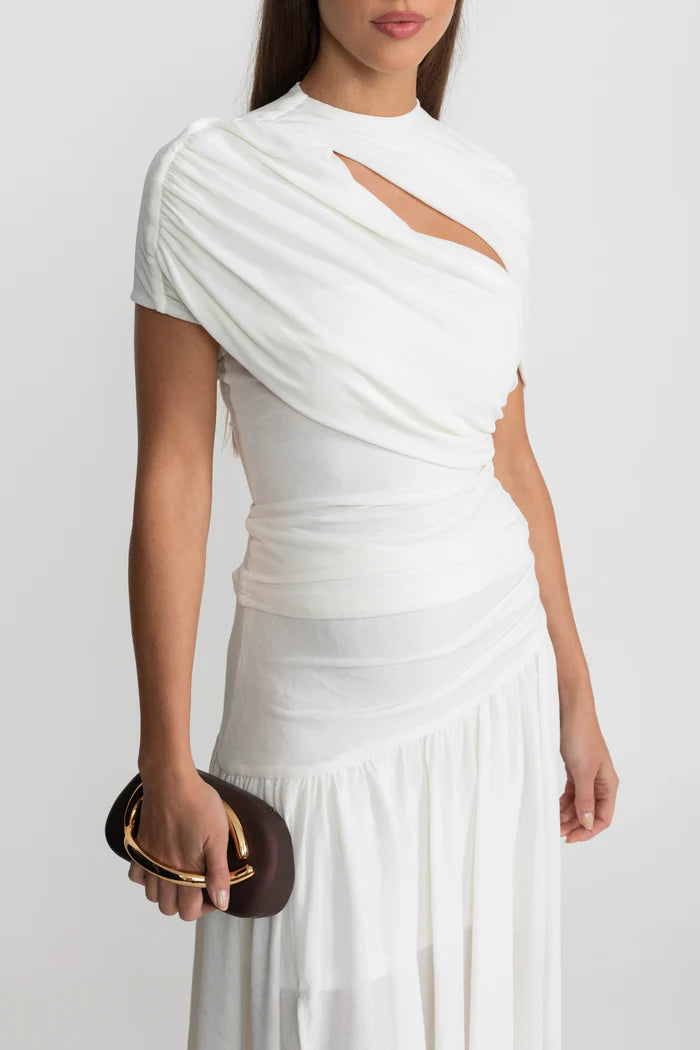 Asymmetric Jersey Co-Ord with Draped Shoulder and Cutout Detail - White