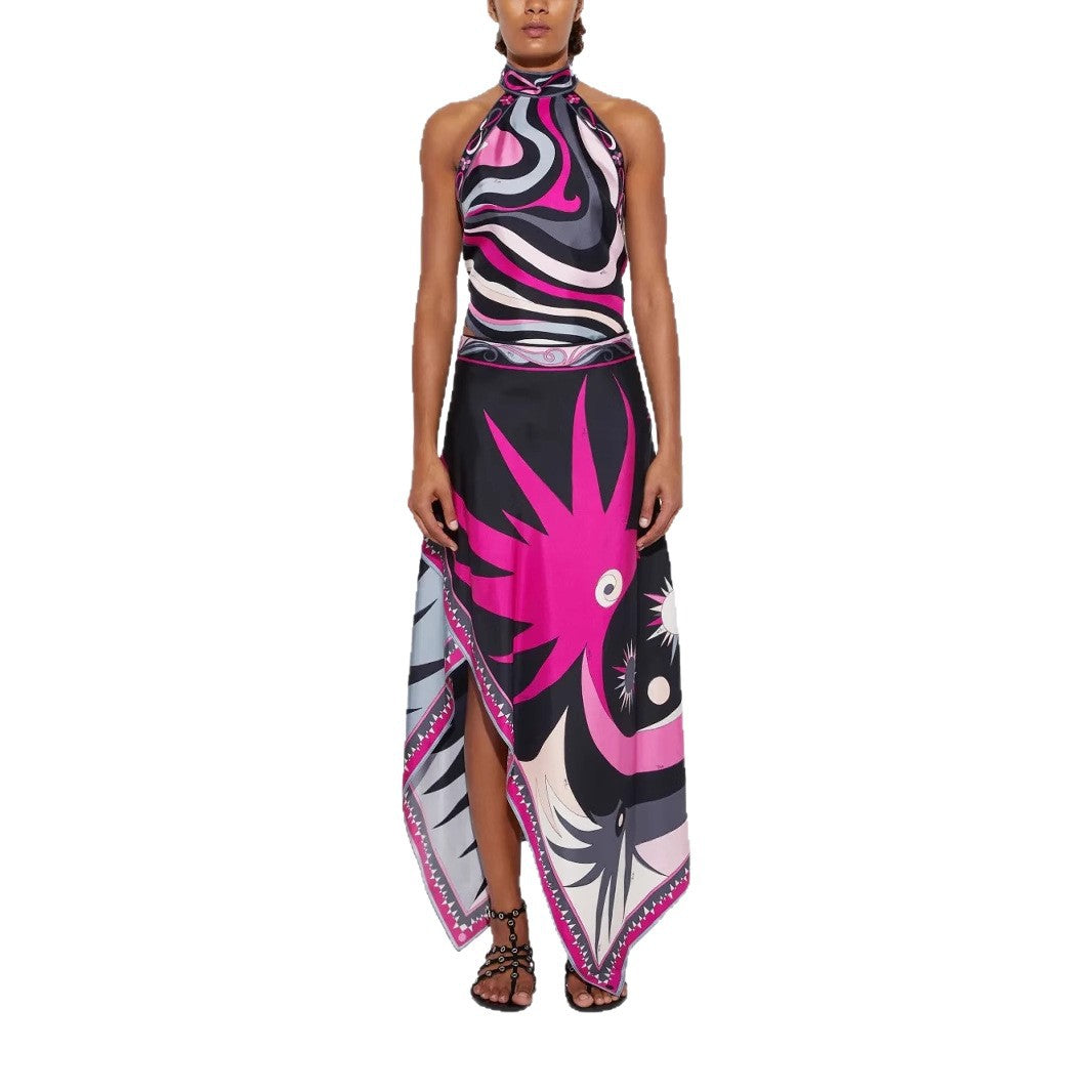 Printed satin hanging neck backless top irregular skirt two-piece suit
