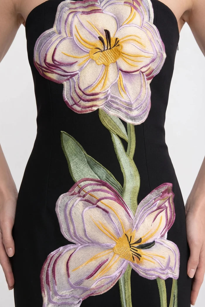 Strapless Floral-Print Midi Dress With Column Silhouette - Black