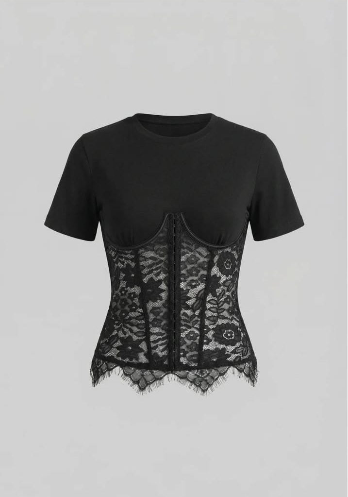 Short Sleeve Top With Lace Corset Overlay - Black