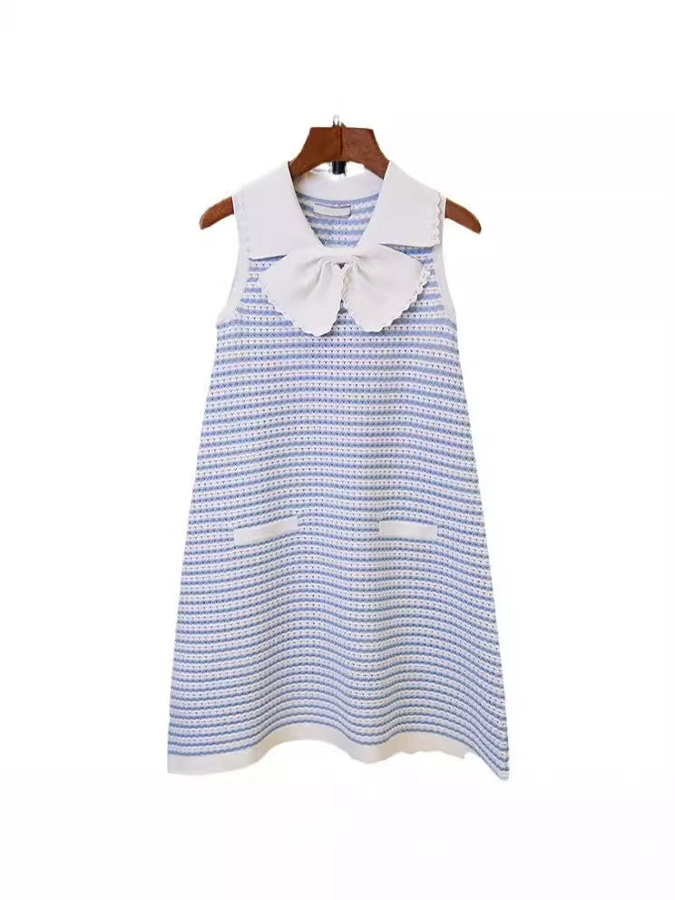 Sweet Bow Lapel Striped Dress