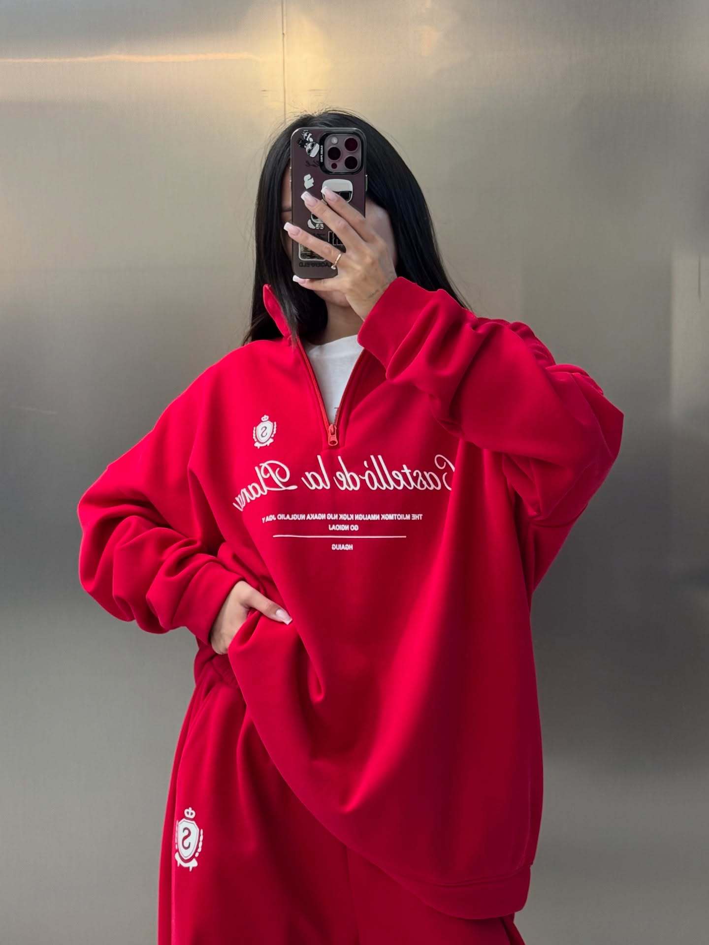 Half-zipper letter long-sleeved trousers two-piece set