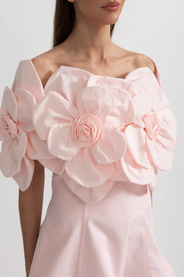 Off-Shoulder Mini Dress With Large Fabric Floral Accents