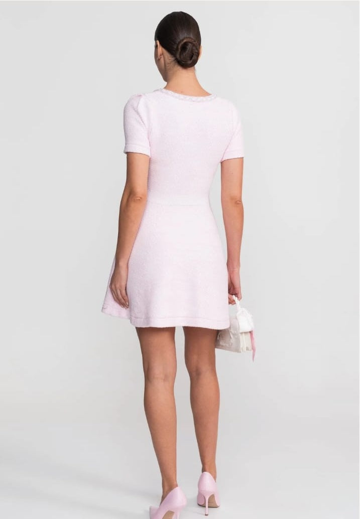 Short Textured Short Sleeve Dress with V-Neckline and Jeweled Buttons - Pink