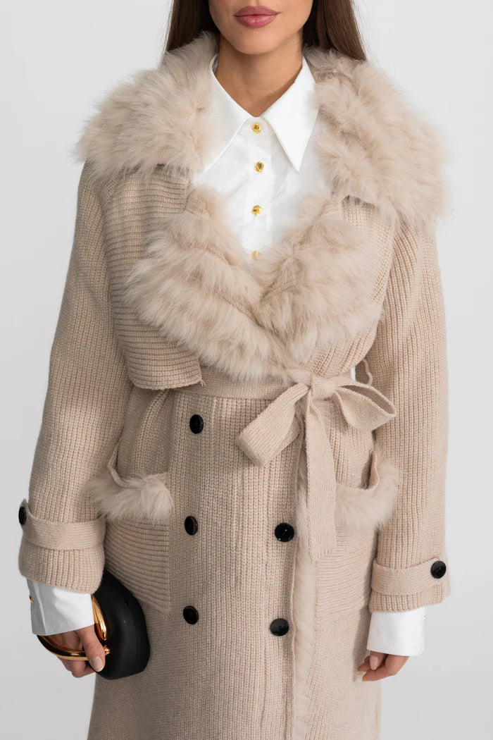 Double-Breasted Knit Overcoat With Fur Trim – Beige